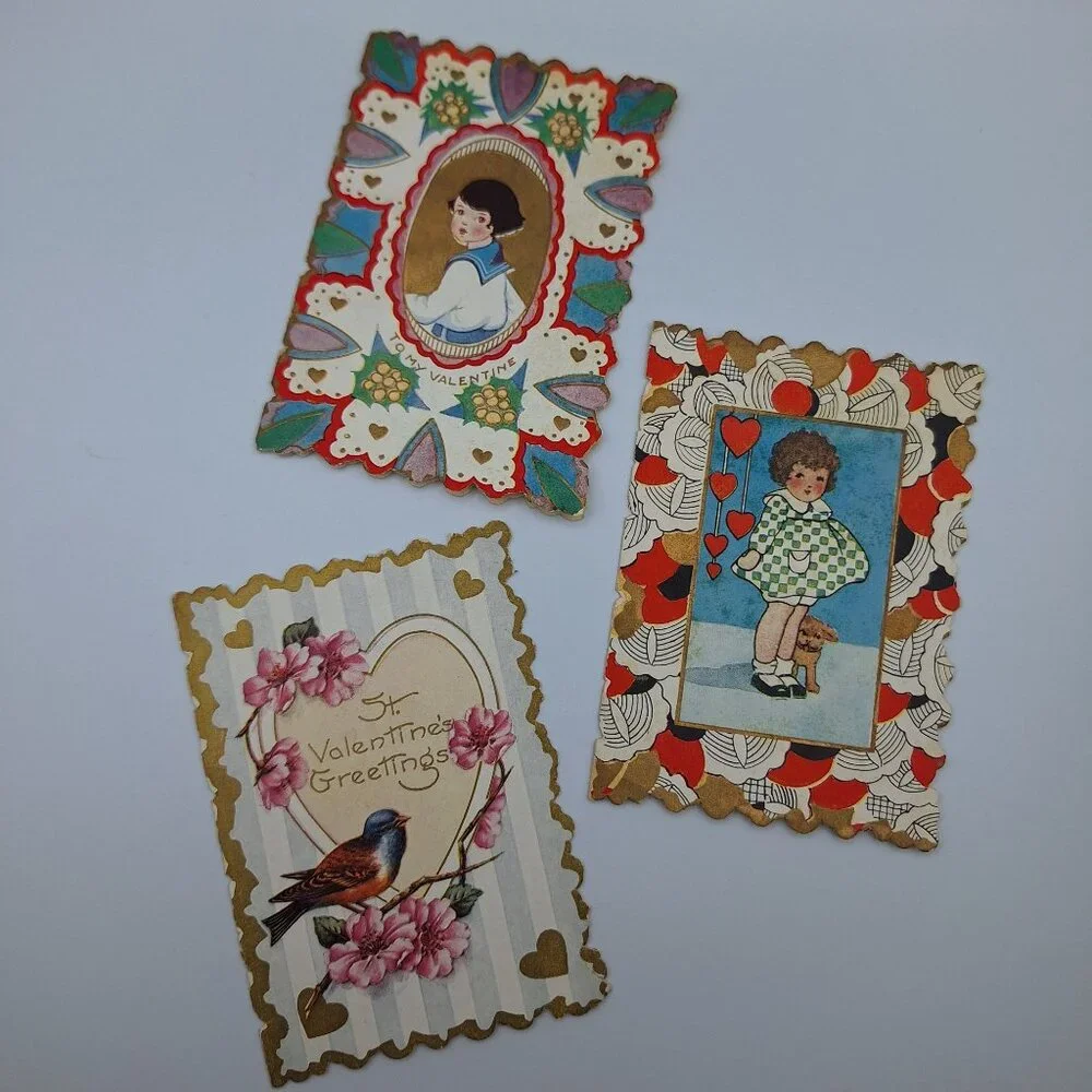 Vintage St‎ Valentines Day Greeting Cards Set Of 3 Mini Heart Bird Small 4 Inch